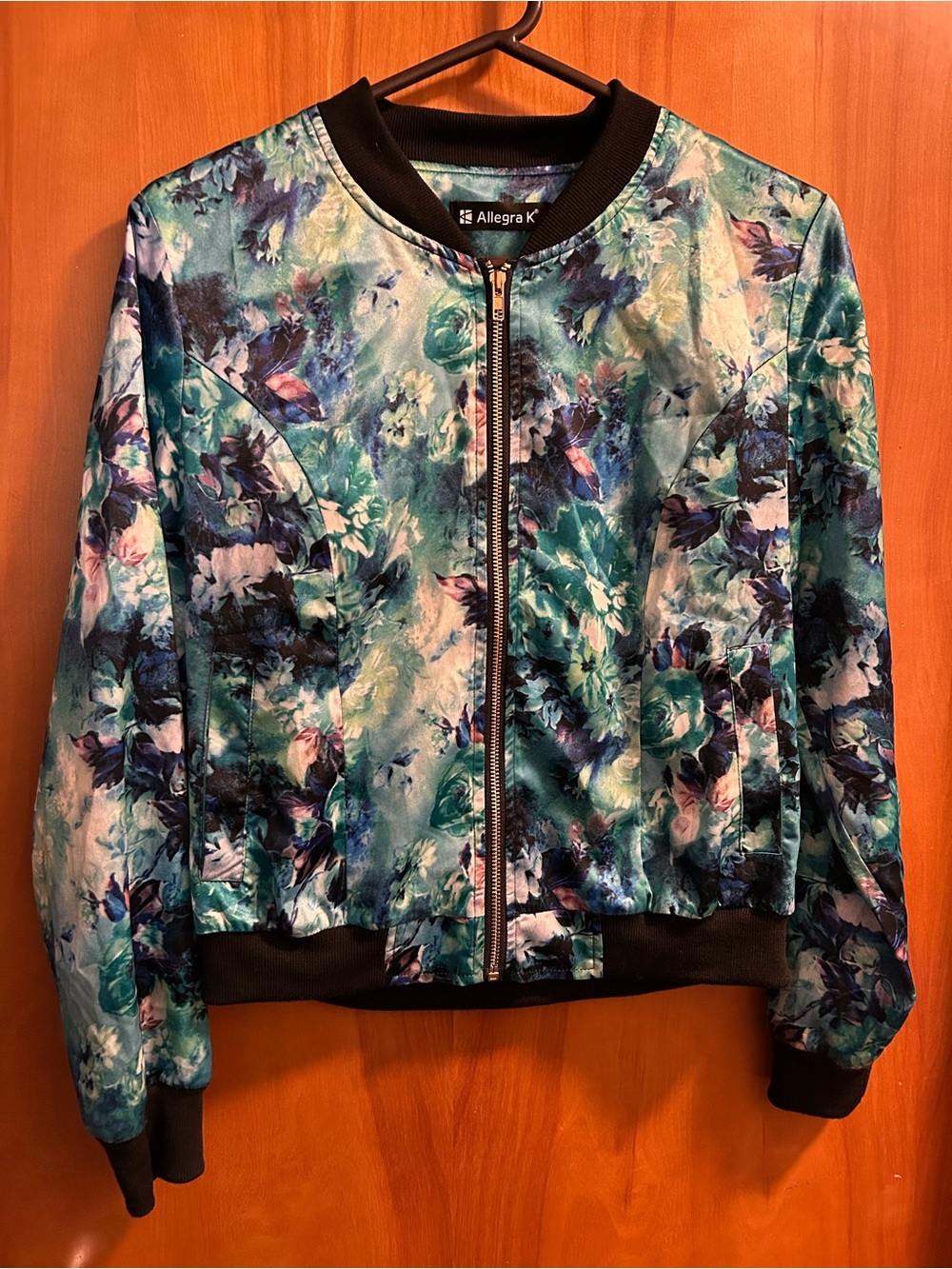 Allegra K Teal Floral Print Bomber Jacket